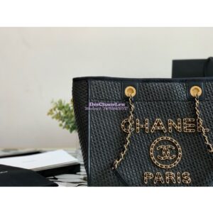 Replica Chanel Large Deauville Woven Chain Leather Logo Bag A66943 Straw Black 2