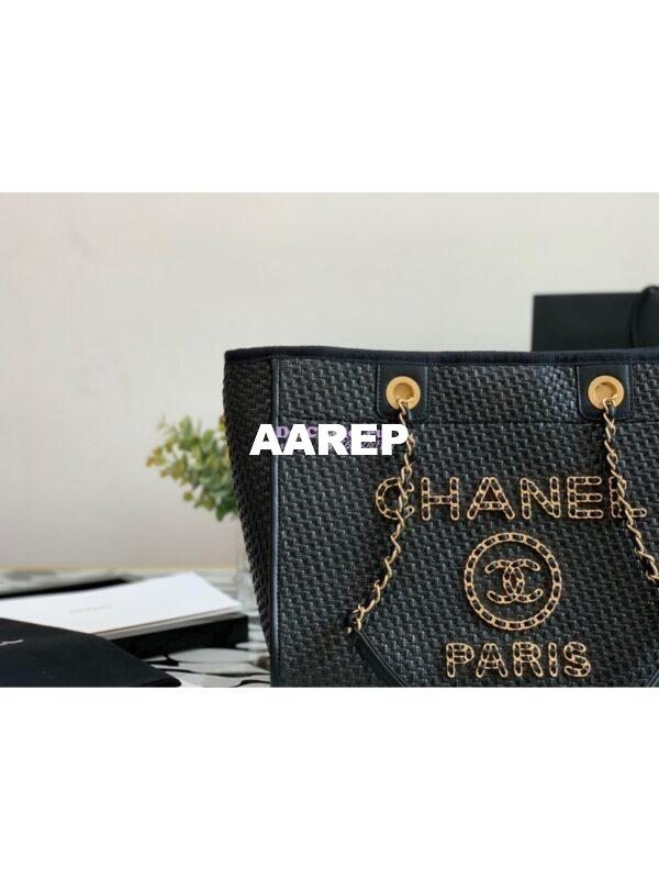 Replica Chanel Large Deauville Woven Chain Leather Logo Bag A66943 Straw Black 2