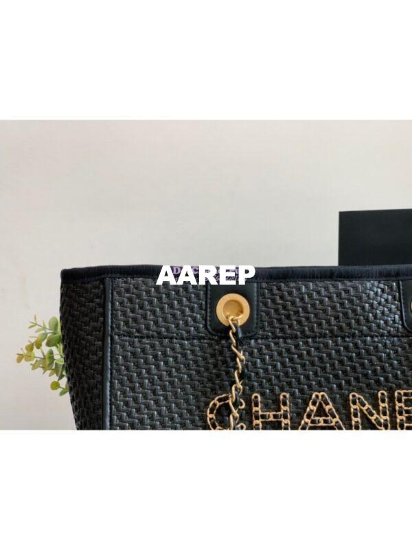 Replica Chanel Large Deauville Woven Chain Leather Logo Bag A66943 Straw Black 3