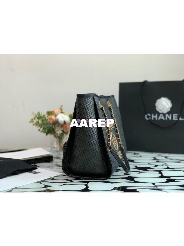 Replica Chanel Large Deauville Woven Chain Leather Logo Bag A66943 Straw Black 4