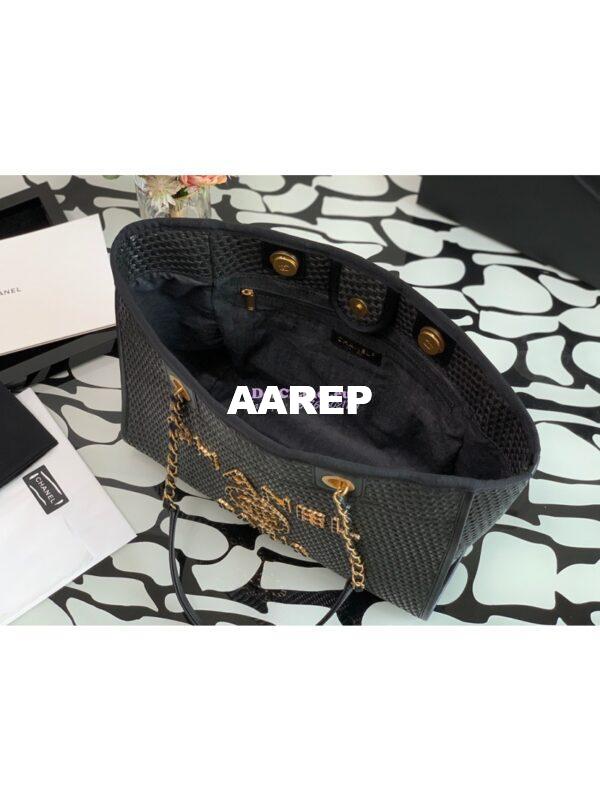 Replica Chanel Large Deauville Woven Chain Leather Logo Bag A66943 Straw Black 6