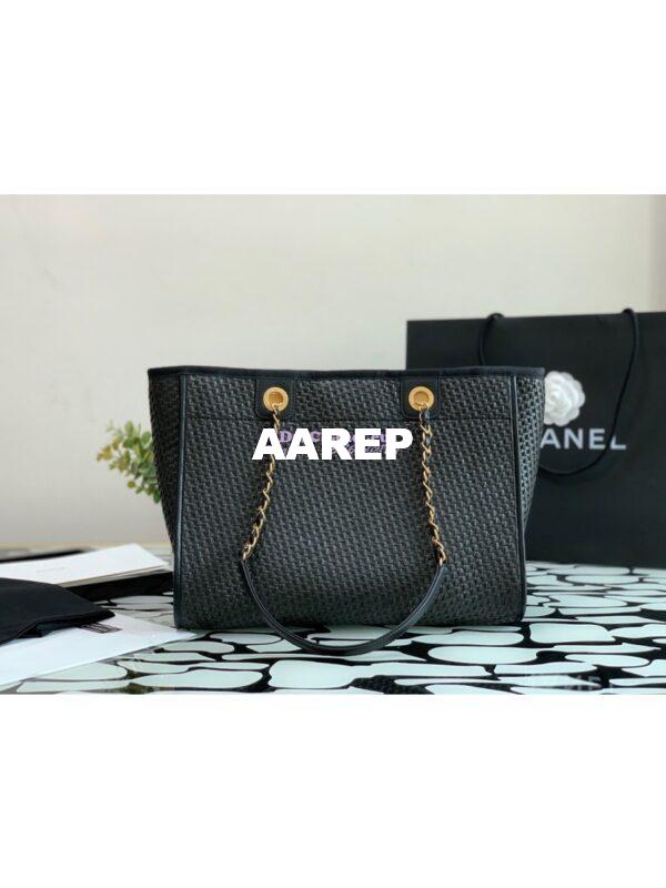 Replica Chanel Large Deauville Woven Chain Leather Logo Bag A66943 Straw Black 8