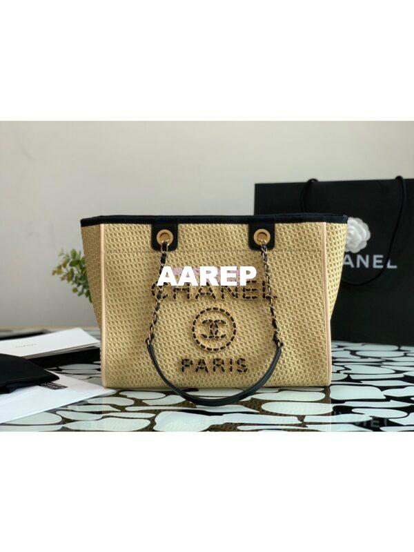 Replica Chanel Large Deauville Woven Chain Leather Logo Bag A66943 Straw Beige 3