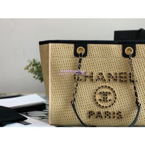 Replica Chanel Large Deauville Woven Chain Leather Logo Bag A66943 Straw Beige 2