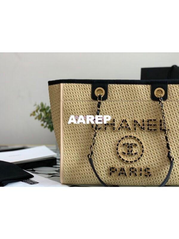 Replica Chanel Large Deauville Woven Chain Leather Logo Bag A66943 Straw Beige 4