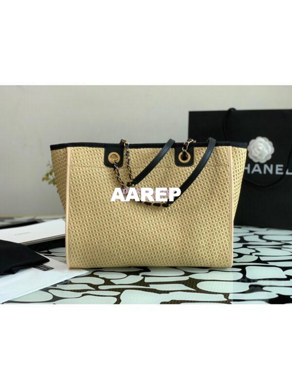 Replica Chanel Large Deauville Woven Chain Leather Logo Bag A66943 Straw Beige 10