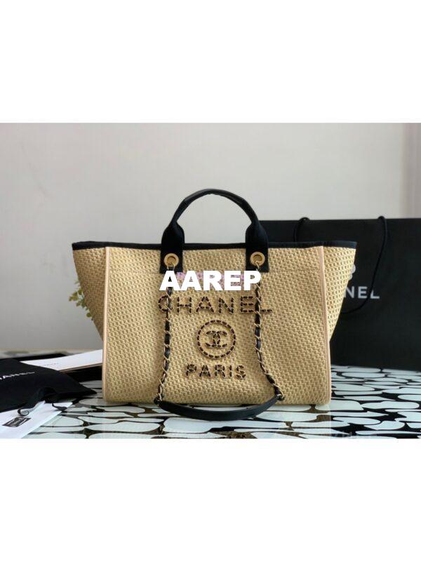 Replica Chanel Large Deauville Woven Chain Leather Logo Bag A66941 Straw Beige
