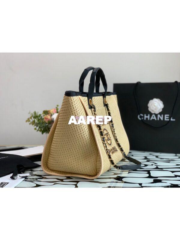 Replica Chanel Large Deauville Woven Chain Leather Logo Bag A66941 Straw Beige 2