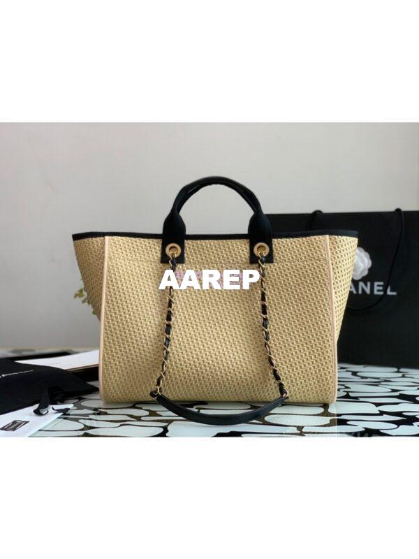 Replica Chanel Large Deauville Woven Chain Leather Logo Bag A66941 Straw Beige 7