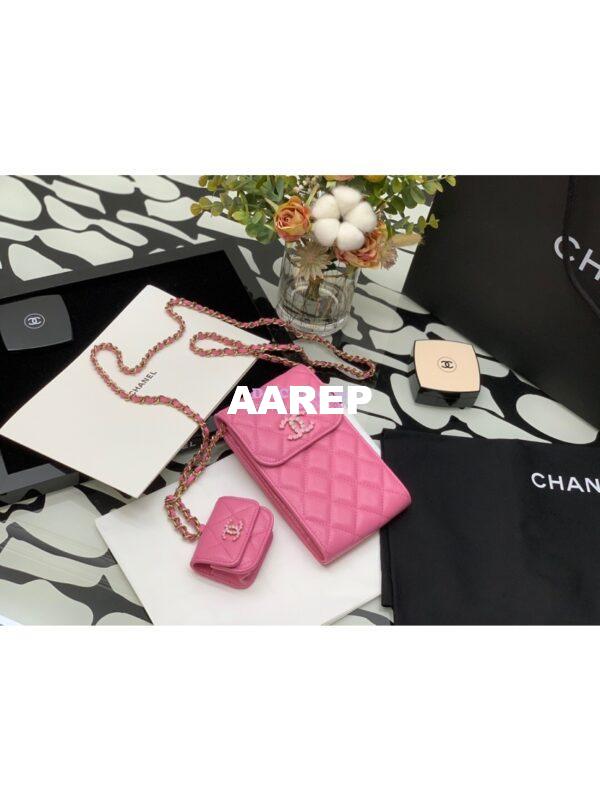 Replica Chanel Grained Calfskin Lacquered Metal Logo Phone & Airpods Case With Chain AP2033 Pink 3