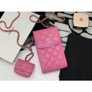 Replica Chanel Grained Calfskin Lacquered Metal Logo Phone & Airpods Case With Chain AP2033 Pink 2
