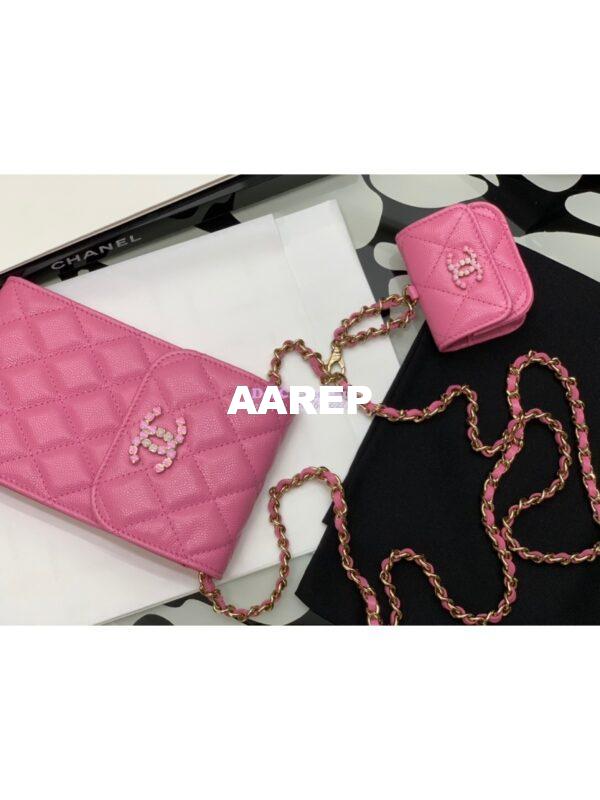 Replica Chanel Grained Calfskin Lacquered Metal Logo Phone & Airpods Case With Chain AP2033 Pink 5