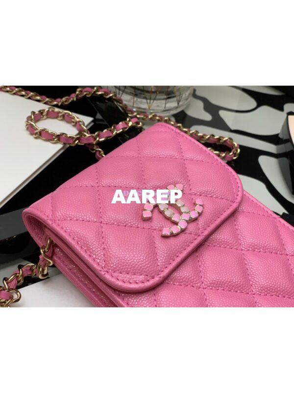 Replica Chanel Grained Calfskin Lacquered Metal Logo Phone & Airpods Case With Chain AP2033 Pink 6