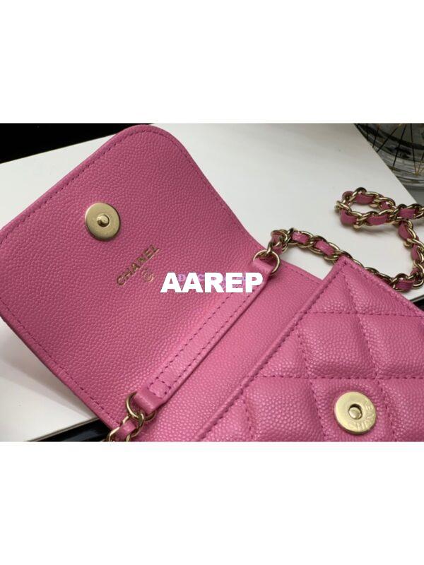 Replica Chanel Grained Calfskin Lacquered Metal Logo Phone & Airpods Case With Chain AP2033 Pink 7