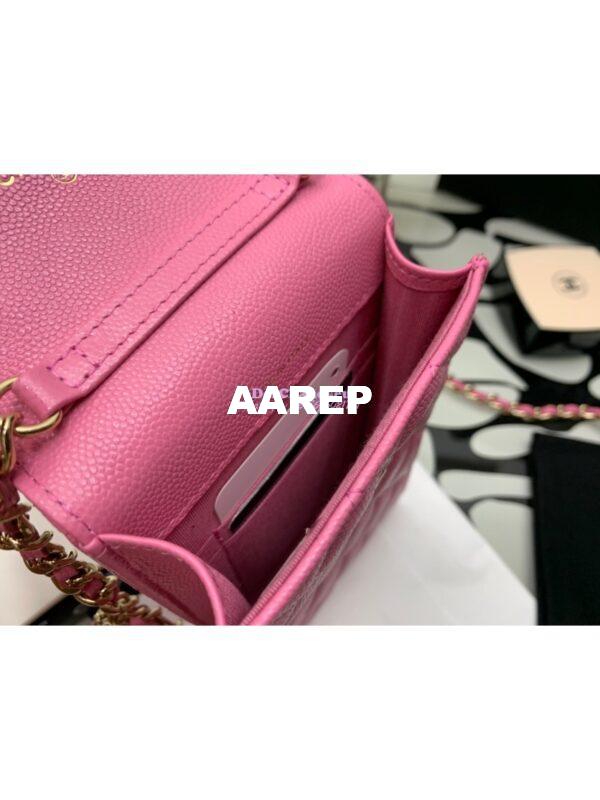 Replica Chanel Grained Calfskin Lacquered Metal Logo Phone & Airpods Case With Chain AP2033 Pink 8