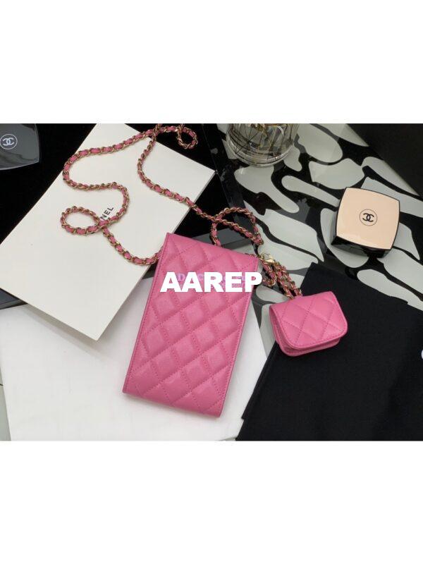 Replica Chanel Grained Calfskin Lacquered Metal Logo Phone & Airpods Case With Chain AP2033 Pink 9