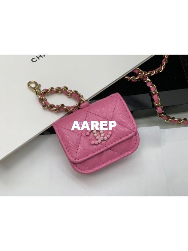 Replica Chanel Grained Calfskin Lacquered Metal Logo Phone & Airpods Case With Chain AP2033 Pink 10
