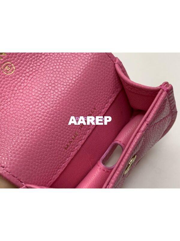 Replica Chanel Grained Calfskin Lacquered Metal Logo Phone & Airpods Case With Chain AP2033 Pink 14