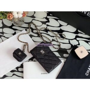 Replica Chanel Grained Calfskin Lacquered Metal Logo Phone & Airpods Case With Chain AP2033 Black