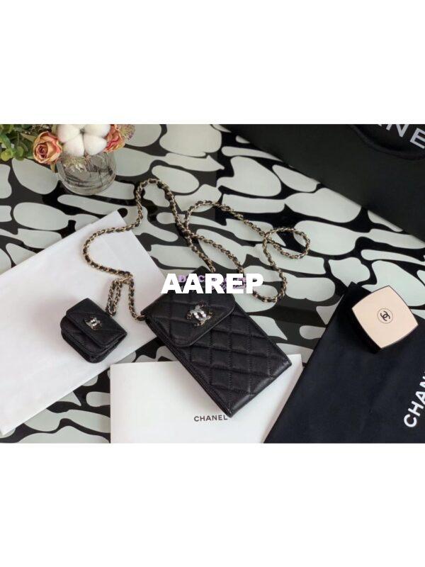 Replica Chanel Grained Calfskin Lacquered Metal Logo Phone & Airpods Case With Chain AP2033 Black