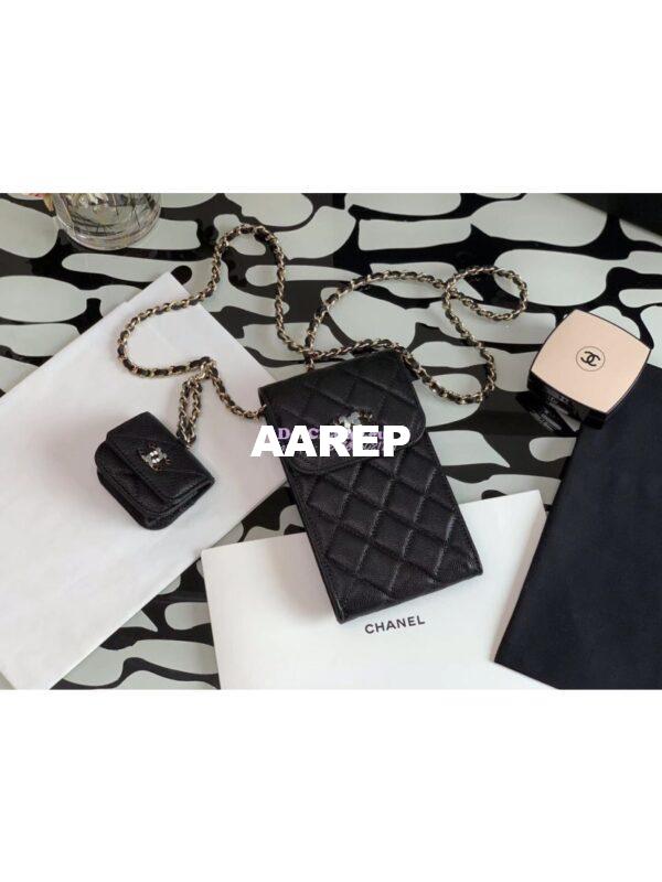 Replica Chanel Grained Calfskin Lacquered Metal Logo Phone & Airpods Case With Chain AP2033 Black 2