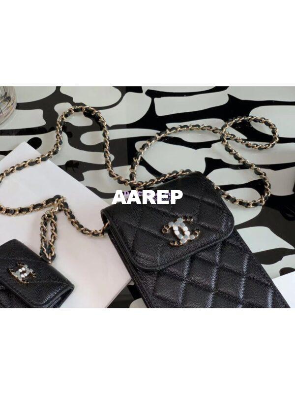 Replica Chanel Grained Calfskin Lacquered Metal Logo Phone & Airpods Case With Chain AP2033 Black 3