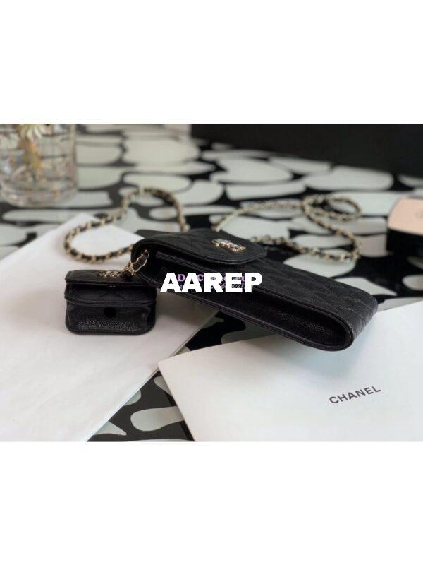 Replica Chanel Grained Calfskin Lacquered Metal Logo Phone & Airpods Case With Chain AP2033 Black 4