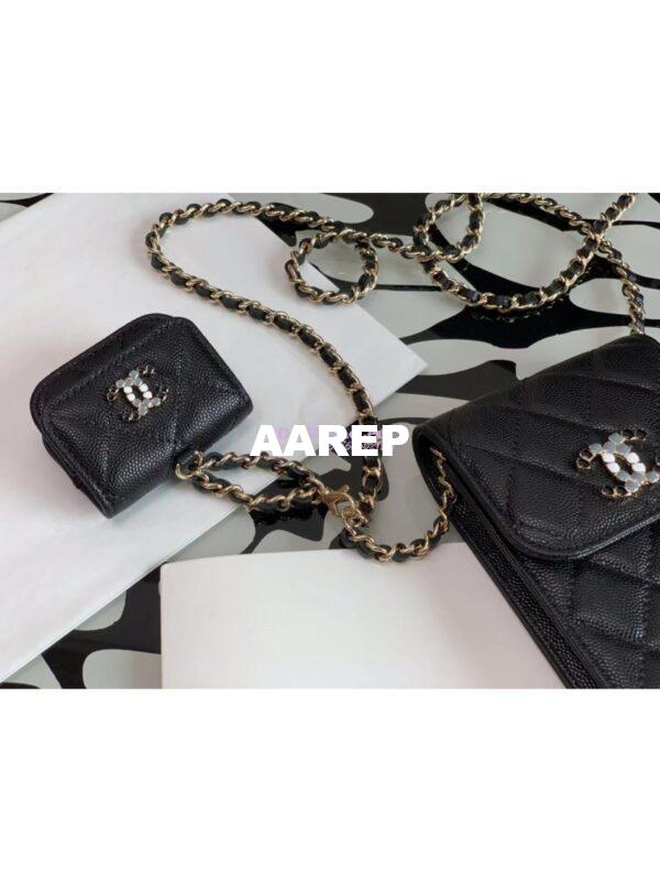 Replica Chanel Grained Calfskin Lacquered Metal Logo Phone & Airpods Case With Chain AP2033 Black 5