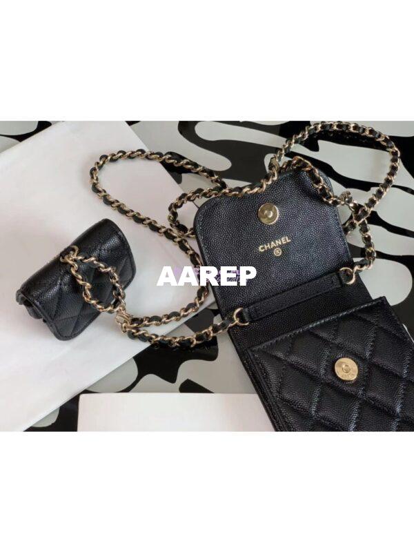 Replica Chanel Grained Calfskin Lacquered Metal Logo Phone & Airpods Case With Chain AP2033 Black 6