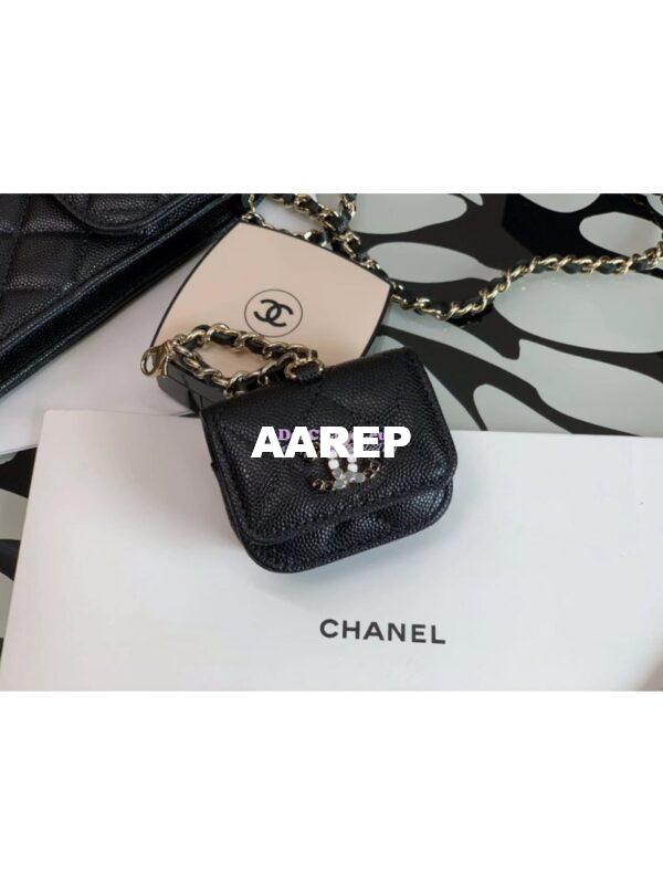 Replica Chanel Grained Calfskin Lacquered Metal Logo Phone & Airpods Case With Chain AP2033 Black 8