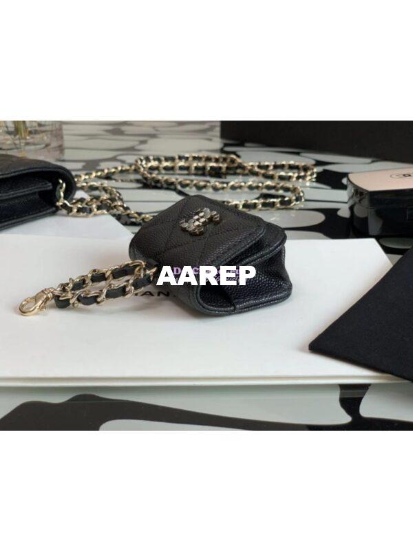 Replica Chanel Grained Calfskin Lacquered Metal Logo Phone & Airpods Case With Chain AP2033 Black 9