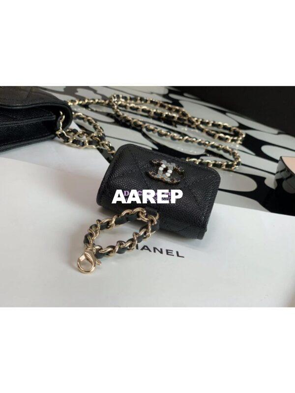 Replica Chanel Grained Calfskin Lacquered Metal Logo Phone & Airpods Case With Chain AP2033 Black 10