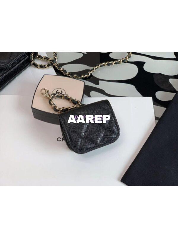 Replica Chanel Grained Calfskin Lacquered Metal Logo Phone & Airpods Case With Chain AP2033 Black 11