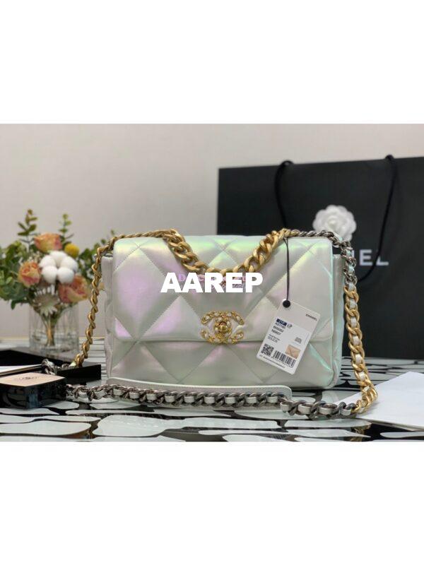 Replica Chanel 19 Flap Bag AS1160 AS1161 Iridescent Calfskin White 3