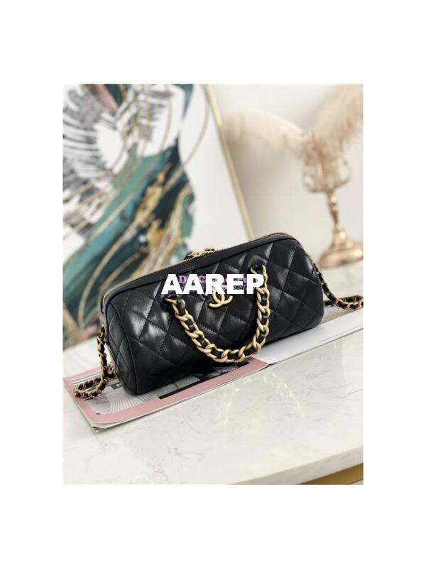 Replica Chanel Mini Bowling Bag in black Shiny Lambskin as1897