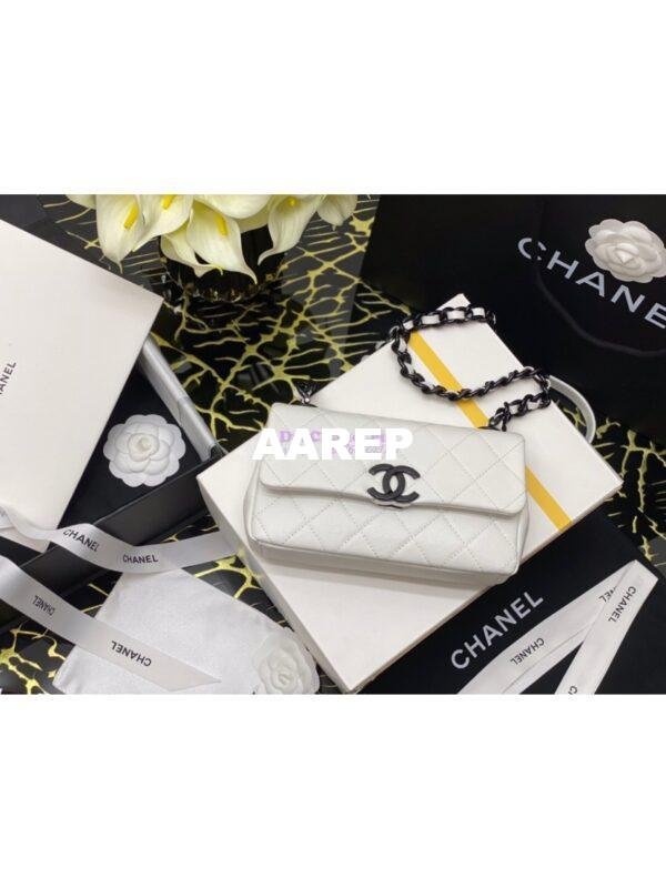 Replica Chanel Lacquered Metal Grained Calfskin Small Flap Bag AS2302 White Black 3