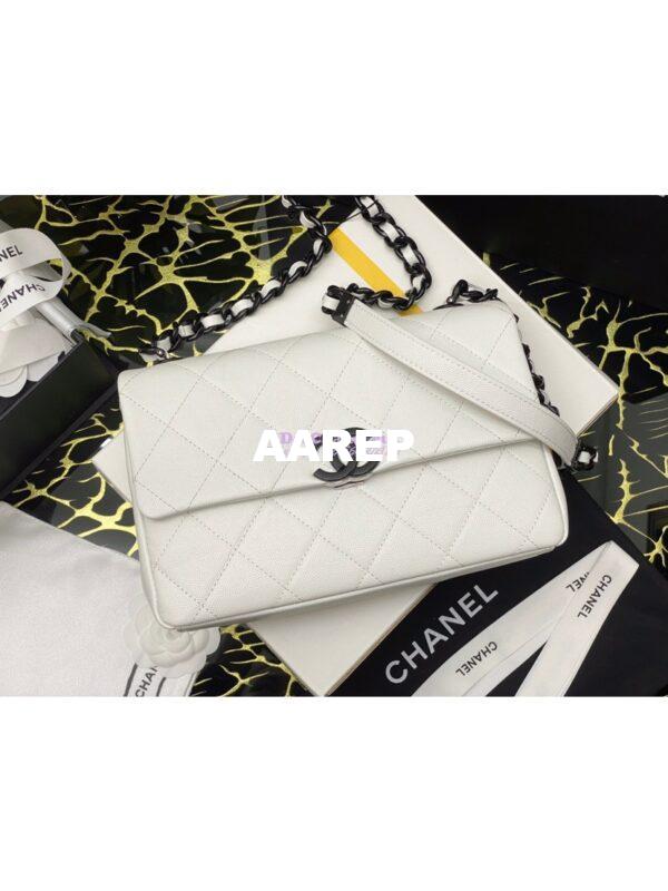 Replica Chanel Lacquered Metal Grained Calfskin Flap Bag AS2303 White Black 4