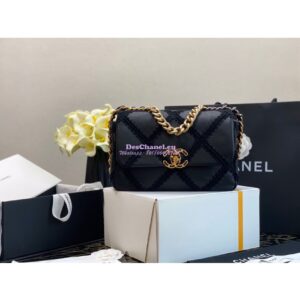 Replica Chanel 19 Small Flap Bag in Calfskin & Crochet AS1160 Black