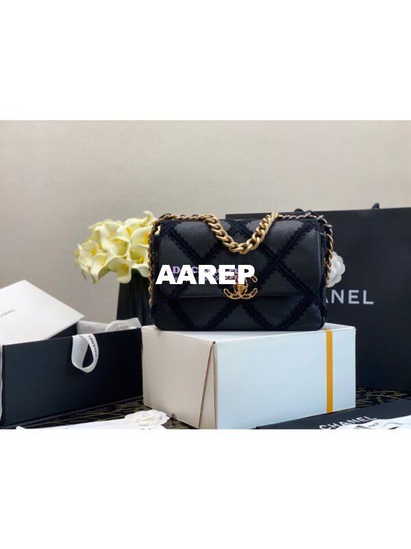 Replica Chanel 19 Small Flap Bag in Calfskin & Crochet AS1160 Black
