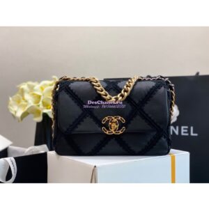 Replica Chanel 19 Small Flap Bag in Calfskin & Crochet AS1160 Black 2