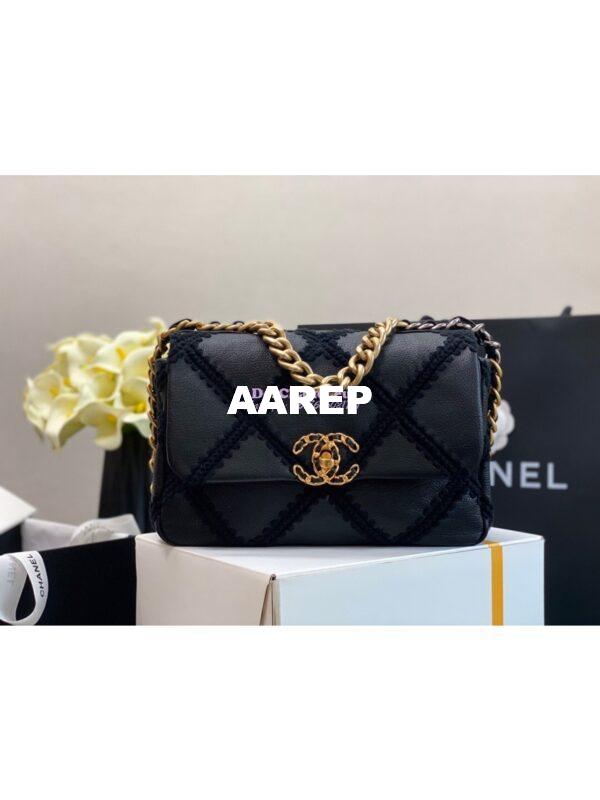 Replica Chanel 19 Small Flap Bag in Calfskin & Crochet AS1160 Black 2