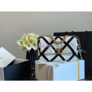 Replica Chanel 19 Small Flap Bag in Calfskin & Crochet AS1160 White Black