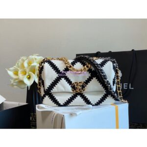 Replica Chanel 19 Small Flap Bag in Calfskin & Crochet AS1160 White Black 2