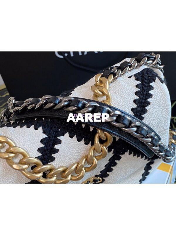 Replica Chanel 19 Small Flap Bag in Calfskin & Crochet AS1160 White Black 5
