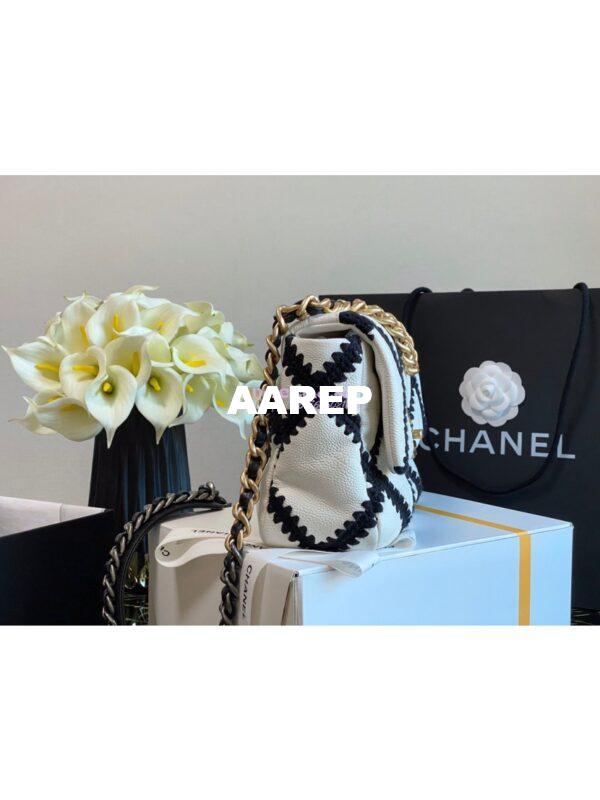 Replica Chanel 19 Small Flap Bag in Calfskin & Crochet AS1160 White Black 6