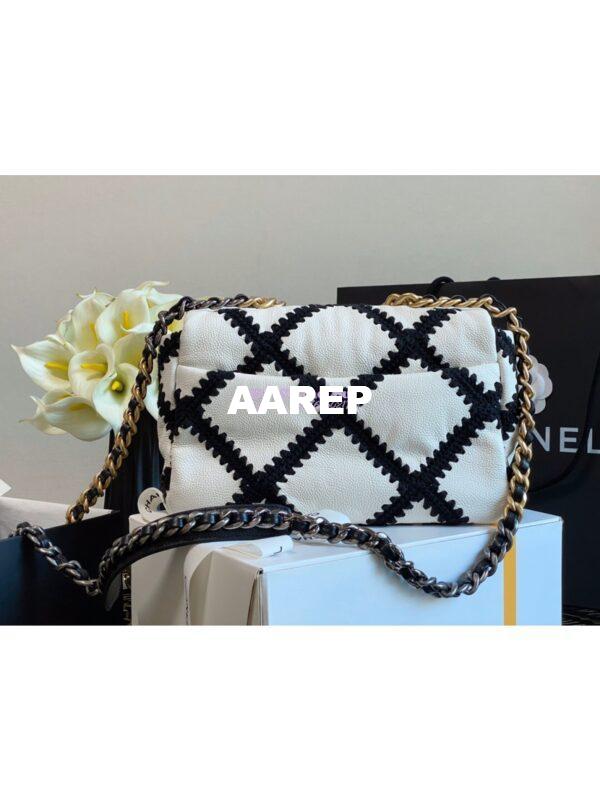 Replica Chanel 19 Small Flap Bag in Calfskin & Crochet AS1160 White Black 9