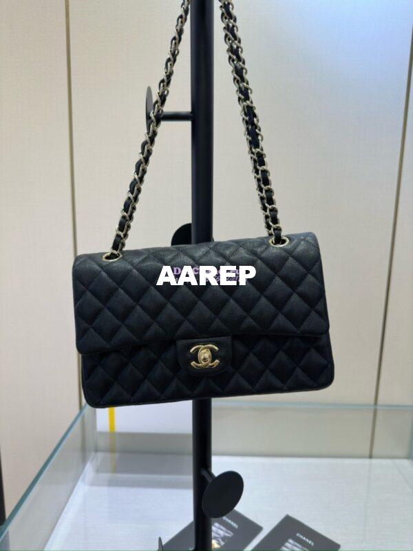 Replica Chanel CF 1112 Quilted Classic Flap Bag in Grainy Calfskin Black Shining Light Gold Hardware 5
