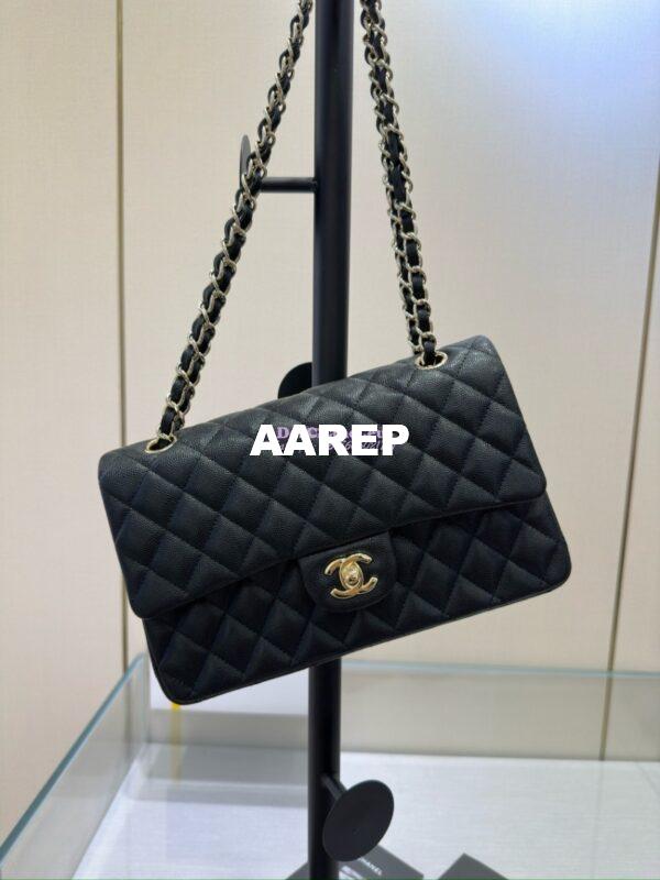 Replica Chanel CF 1112 Quilted Classic Flap Bag in Grainy Calfskin Black Shining Light Gold Hardware 6