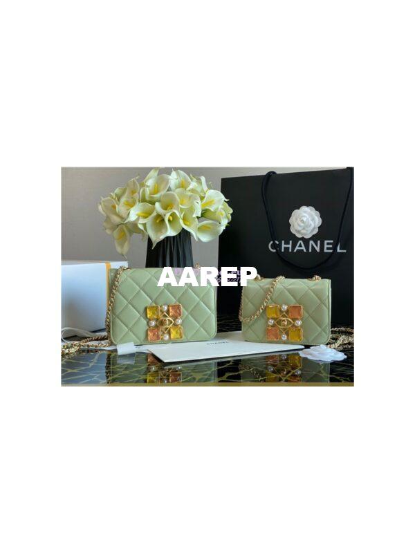 Replica Chanel Medium Calfskin Crystal Pearls Flap Bag AS2259 Green 6