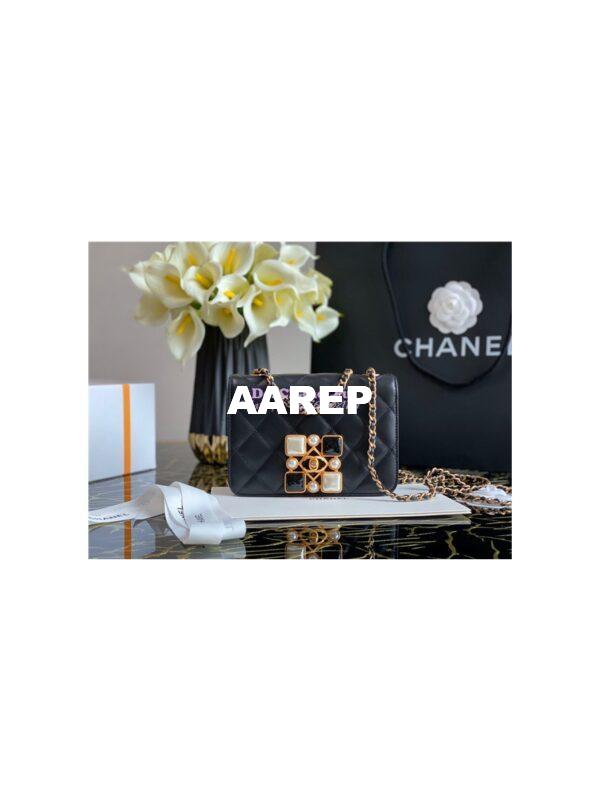 Replica Chanel Medium Calfskin white black Crystal Pearls Flap Bag AS2259 Black